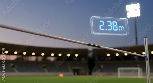 Holographic digital display showing height measurement at empty stadium.