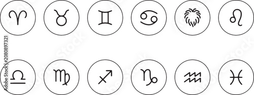 Canvas Print Set of 12 zodiac astrology signs in a simple line art style within circles on transparent background