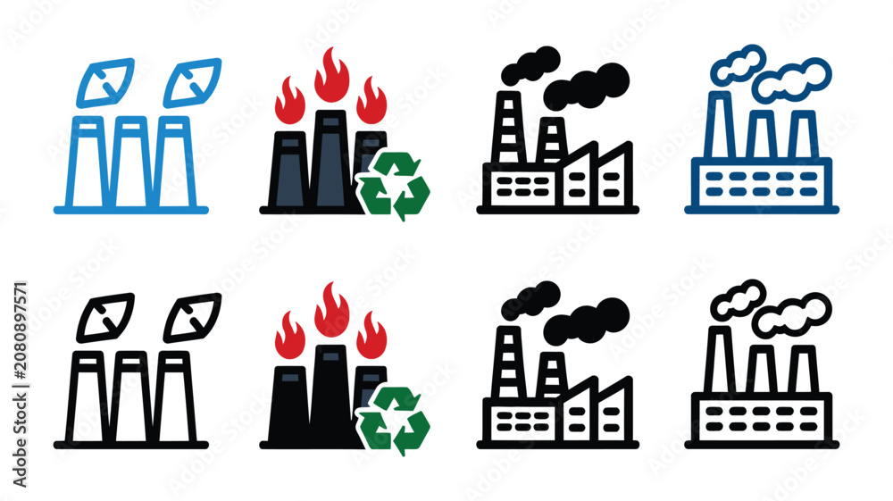 Fototapeta premium Factory recycling icon set in multiple styles featuring industrial plant with recycle symbol, vector illustration for sustainable manufacturing, waste management, eco industry, environmental protectio