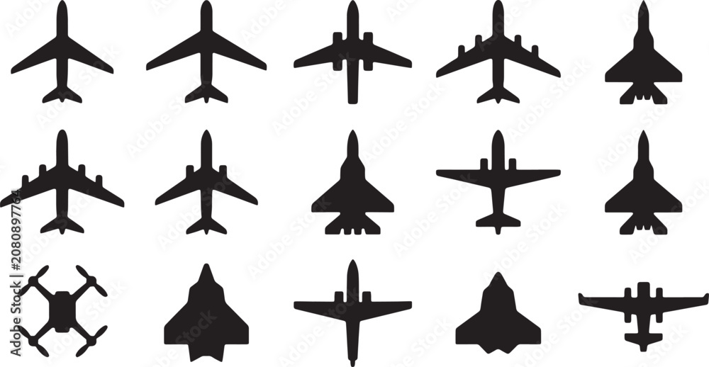 Fototapeta premium Collection of airplane and drone silhouettes for aviation and transport themes. Vector Illustration