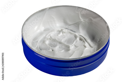 Bilde på lerret Open round cosmetic container with thick white moisturizing cream texture