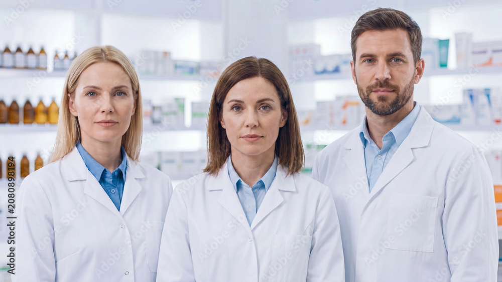 Fototapeta premium Three Professional pharmaceutical team of healthcare specialists working together in medical dispensary for patient care medication management and clinical support services