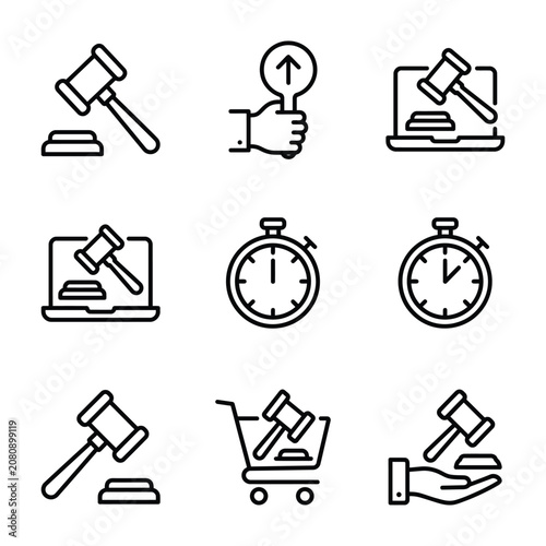 Quadro su tela Auction and bidding process linear icon set for legal and sales with countdown d