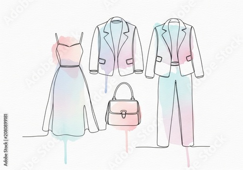 Fashion collection outline with dress, suit and handbag. Minimalist clothes drawing with watercolor splashes. Creative clothing design illustration for boutique and style concept.