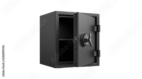 A heavy duty black steel safe with an open door featuring a sturdy metal handle on transparent background