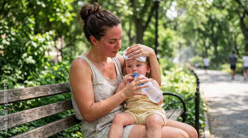 Young mother cooling her toddler with a wet cloth and water bottle on a park bench. Family dealing with extreme summer heatwave in the city. Hydration and child care concept