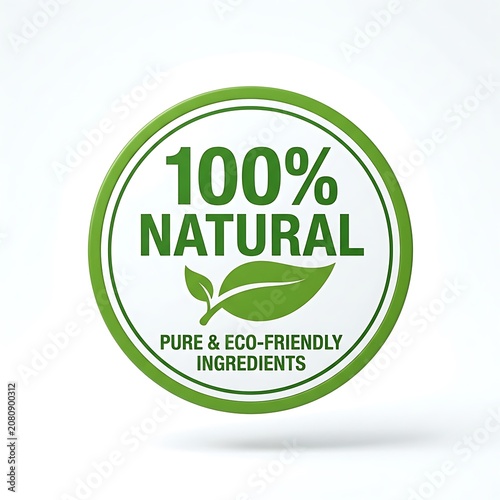 100% natural label with green leaf icon isolated on white background