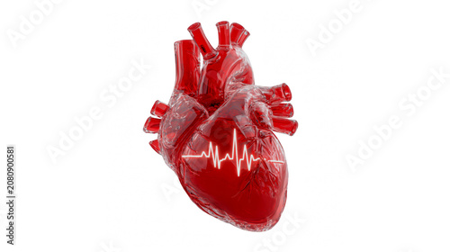 A glossy red anatomical human heart model featuring a glowing white electric pulse on transparent background