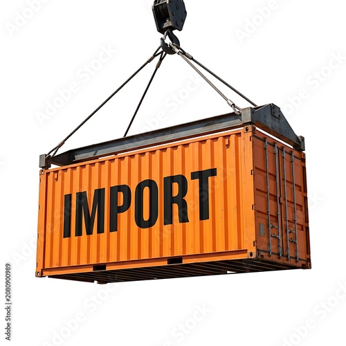 Orange shipping container with the word import printed on the side isolated on white background