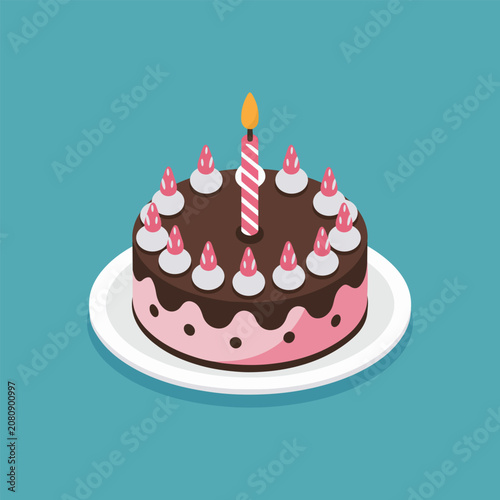 Chocolate Birthday Cake with Candle Flat Vector Illustration