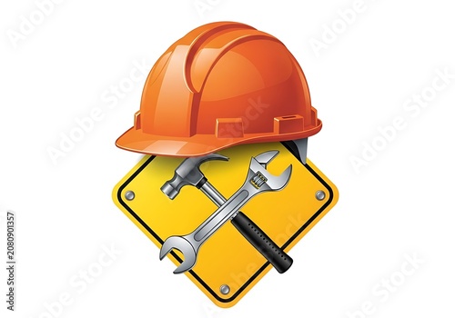 Construction hard hat with crossed hammer and wrench on a yellow sign