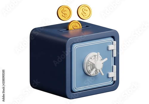 3d illustration of a blue safe piggy bank with gold dollar coins