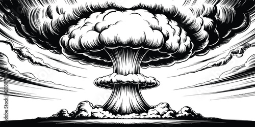 Tablou pe pânză Nuclear explosion, black and white illustration, mushroom cloud, atomic blast, v