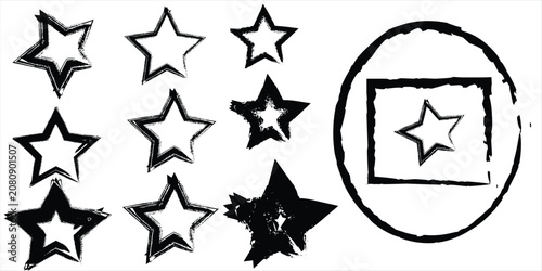 Canvastavla Hand drawn vector illustration of sketch stars in varied styles with circular fr