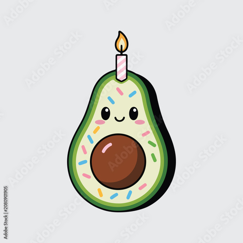 Cute Avocado Birthday Character with Candle Cartoon Vector Illustration