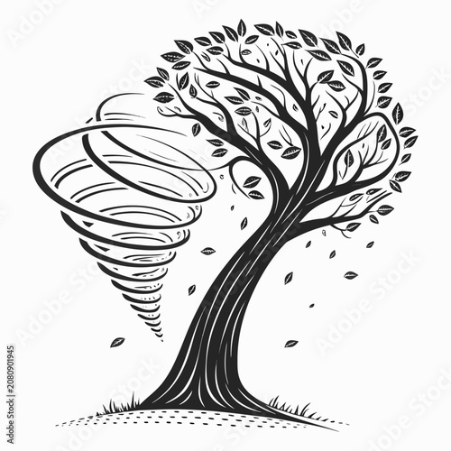 Tableau sur toile Black and white illustration of a tree caught in a powerful swirling tornado wit