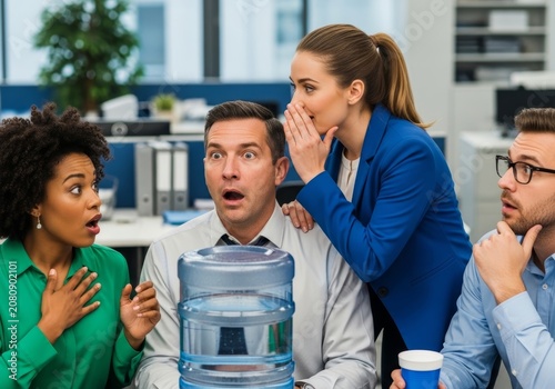 Office colleagues whispering gossip at water cooler. Woman shares secret with shocked man and friends. Team interaction during break time. Corporate communication and workplace rumor concept.