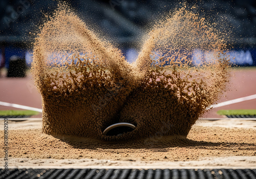 Close up view of sand splash in long jump pit during sports competition.