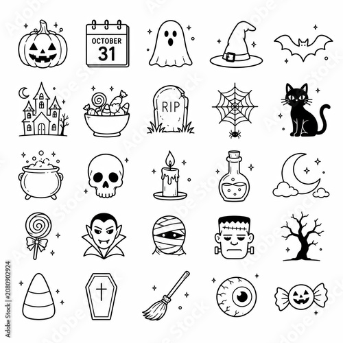 Set of 25 halloween icons on a white background