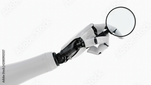 A futuristic robotic hand holding a magnifying glass for scientific data analysis and precision research in a high tech laboratory environment