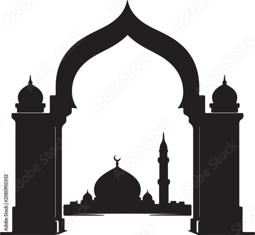 Islamic Mosque Silhouette Framed By Ornamental Arch
