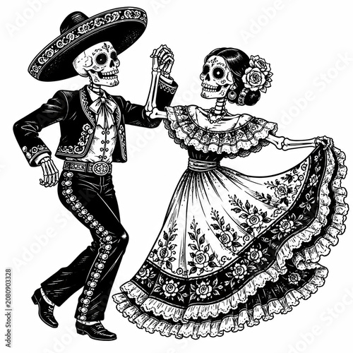 Mexican sugar skull couple dancing in traditional clothing