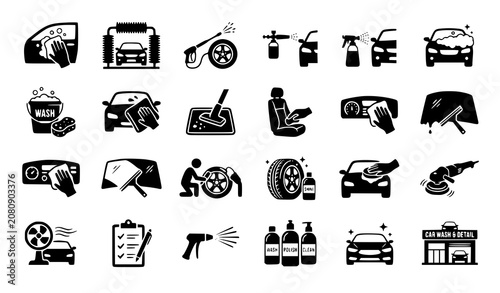 Foto Premium monochrome car wash and vehicle detailing icon set with manual cleaning