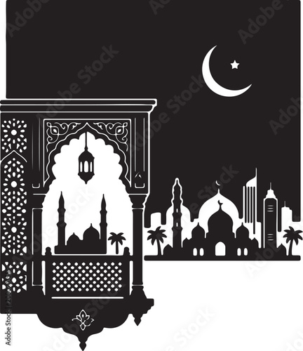 Islamic Mosque Skyline Viewed From Balcony Window
