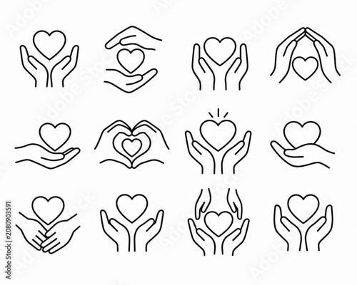 Set of heart in hands icons for charity and love concepts
