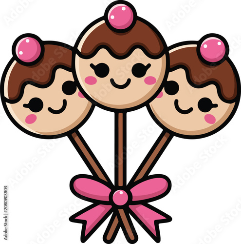 Cute Chocolate Cake Pops with Pink Bow Vector Illustration