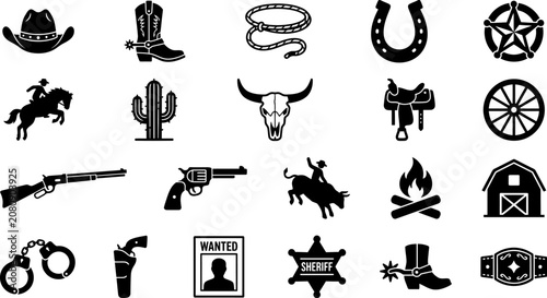 Tableau sur toile Black and white collection of various western themed icons and symbols on white