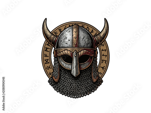 Tableau sur toile Detailed Viking Warrior Helmet With Horns, Weathered Metal Finish, And Chainmail