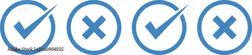 Check mark icon set, black tick and cross symbols, yes or no buttons for approval, rejection, verification, checklists, and user interface design.