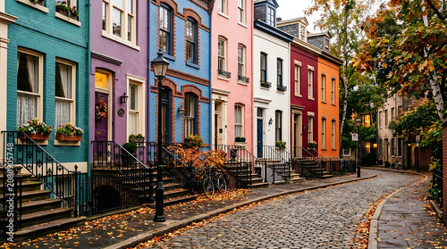 Charming cobblestone street row with colorful historic brownstone townhouses in autumn season