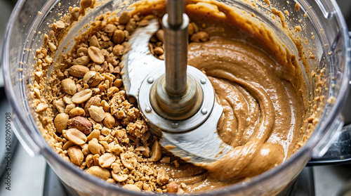 Peanut butter being made in food processor with whole and crushed peanuts blending into creamy spread, showing transformation from solid nuts to smooth butter