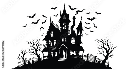 Foto A spooky black silhouette of a haunted house with bats and trees on a hill