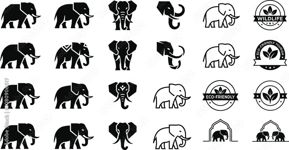Fototapeta premium Elephant Logo and Icon Set Featuring Geometric Silhouettes, Wildlife Badges, Eco Friendly Tourism Signs, and Indian Cultural Arch Elements