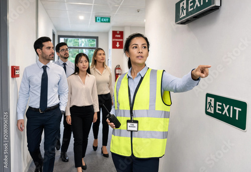 Fire warden leading people to exit