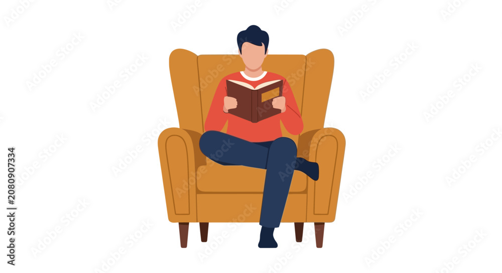 Fototapeta premium Man Sitting in Comfortable Armchair Reading a Book Flat Vector Illustration Isolated on White Background