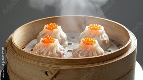 Steaming Bamboo Steamer Basket With Four Gourmet Siomai Dumplings Garnished With Fish Roe Against Soft Focus Background