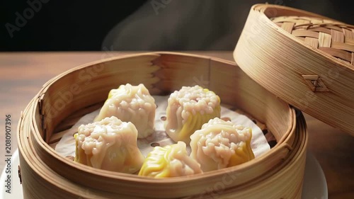 Steaming Bamboo Steamer Opening To Reveal Dim Sum Dumplings On Wooden Table Background For A Culinary Delight