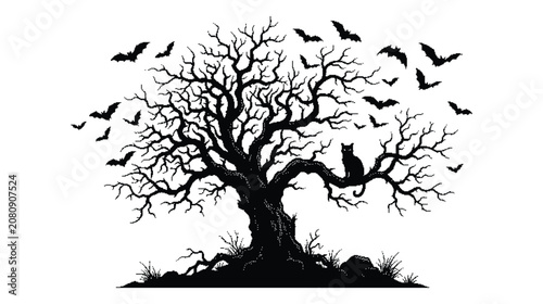 Fotografie Black silhouette of a tree with bats and a cat