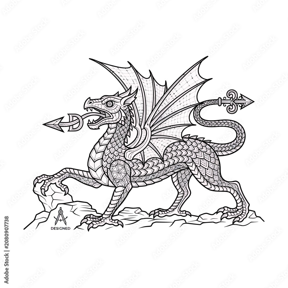 Fototapeta premium Intricate Line Art Illustration of a Welsh Dragon Featuring Detailed Scales and Geometric Pattern Design for Heraldic or Cultural Art