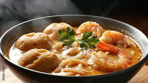 Steaming Bowl of Malaysian Laksa with Shrimp and Coconut Gravy Garnished with Fresh Coriander Leaves in a Dark Background