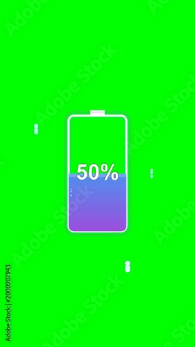 Battery charging icon animation showing percentage progress on green screen.