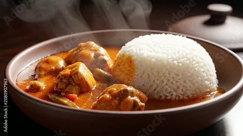 Steaming Bowl Of Moambe Chicken Poulet Moambe With Fluffy Rice Served In An Elegant Ceramic Dish On A Warm Background