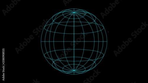 Blue digital wireframe globe spinning on a black background for technology and global network concepts.