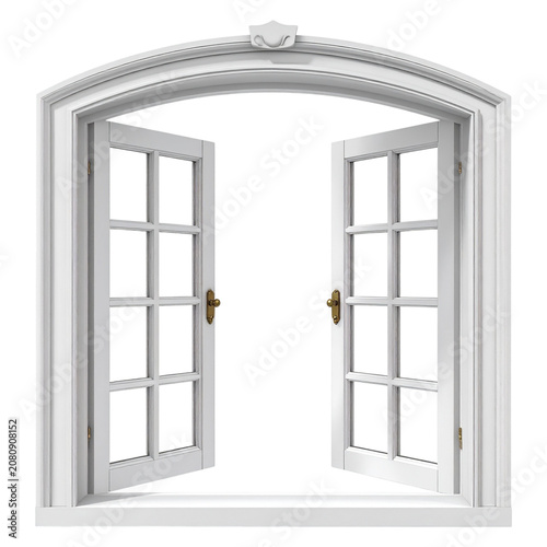 Open white wooden arched window frame with glass panes double panels classic cottage architecture elements design mockups house interior accent