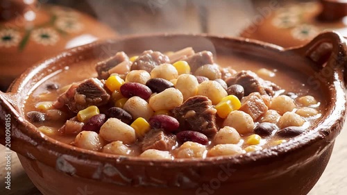 Steaming Bowl Of Traditional Cachupa From Cape Verde Featuring Corn, Beans, And Meat Set Against Rustic Wooden Background