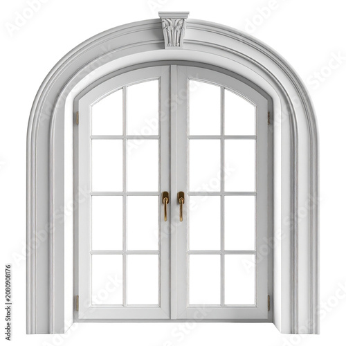 Arch shaped white wooden window pane frame structure classic retro historical architecture elements home window redesign illustration layout graphics